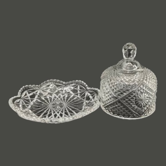 Avon Covered Butter Cheese Dish Small Round Clear Cut Glass Plate and Dome 6x5 - Picture 4 of 9